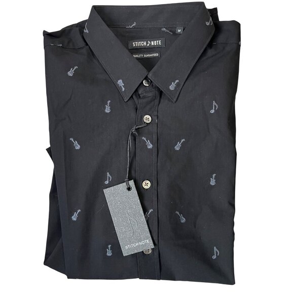 30% off! Stitch Note men's shirt M black blue guitar print short sleeve button d - Picture 8 of 8
